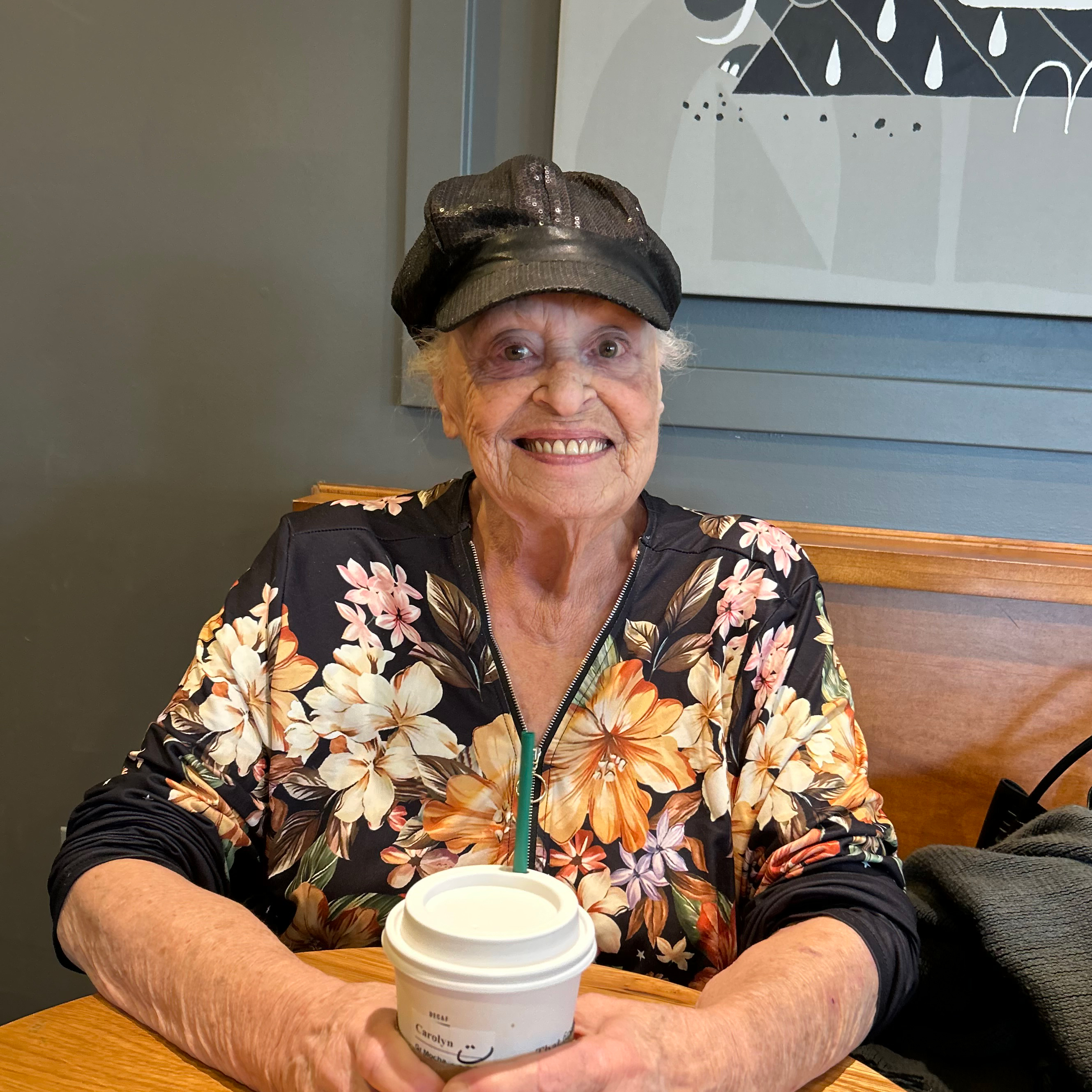 Caprice mother Carolyn enjoying a cup of coffee